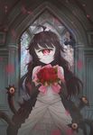  absurdres ahoge bare_shoulders black_hair bouquet check_artist cyclops daikazoku63 dress extra_eyes flower gazer_(monster_girl_encyclopedia) grey_skin highres holding holding_bouquet long_hair looking_at_viewer monster_girl monster_girl_encyclopedia non-web_source one-eyed petals red_eyes red_flower red_rose rose rose_petals smile solo source_request stained_glass tail tentacles wedding_dress white_dress yellow_sclera 