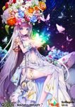  bangs blooming breasts bug butterfly choker copyright_name dress flower gown grin head_wreath highres insect kanola_u large_breasts lavender_hair long_hair looking_at_viewer magic navel night night_sky plant_on_head purple_eyes qurare_magic_library rock sitting sky smile solo sparkle star_(sky) starry_sky thigh_strap very_long_hair watermark wrist_cuffs 
