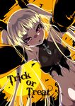  1girl blazblue blonde_hair dutch_angle elbow_gloves english halloween highres long_hair moon pink_eyes rachel_alucard solo tagme trick_or_treat twintails 