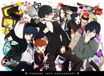  5boys amamiya_ren amano_maya anniversary black_hair blue_hair bow bowtie brown_hair bug butterfly chain cheeseko crt digital_media_player female_protagonist_(persona_3) glasses grey_eyes grey_hair headphones houndstooth insect jojo_no_kimyou_na_bouken jojo_pose looking_at_viewer mask multiple_boys multiple_girls narukami_yuu necktie parody persona persona_1 persona_2 persona_3 persona_3_portable persona_4 persona_5 pose school_uniform seven_sisters_high_school_uniform short_hair shuujin_academy_uniform smile st._hermelin_school_uniform suou_tatsuya television toudou_naoya watch wristwatch yasogami_school_uniform yuuki_makoto 