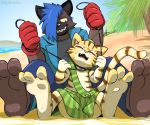 2019 age_difference ambiguous_gender anthro asphyxiation beach blue_hair blush choking clothed clothing domestic_cat duo eyes_closed feet felid feline felis findus forced fur grey_fur grin hair hat hi_res hisashino hyaenid imminent_death mammal open_mouth peril pettson_and_findus sand seaside sharp_teeth smile strangling struggling tan_fur teeth young 