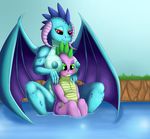  2016 anthro areola bathing big_breasts breasts dragon duo erect_nipples exelzior-maximus female friendship_is_magic head_in_cleavage male my_little_pony nipples princess_ember_(mlp) spike_(mlp) water 