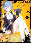  absurdres alternate_costume blue_eyes blue_hair breasts candy dated demon_horns demon_wings dress food hair_over_one_eye halloween halloween_costume highres horns looking_at_viewer medium_breasts menghuan_tian pleated_dress re:zero_kara_hajimeru_isekai_seikatsu rem_(re:zero) short_hair sitting solo thighhighs white_legwear wings 