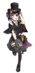  :p adjusting_clothes adjusting_hat alternate_costume black_legwear cannon capelet commentary_request flower full_body gloves hat highres kantai_collection leg_up monocle ooshio_(kantai_collection) purple_eyes purple_hair rinto_(rint_rnt) solo standing standing_on_one_leg thighhighs tongue tongue_out top_hat transparent_background twintails v-shaped_eyebrows vest zettai_ryouiki 