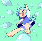  =_= aqua_background arm_up barefoot bloomers blue_dress blue_hair blush_stickers bow bowtie cirno closed_eyes dress from_below full_body ice ice_wings moyazou_(kitaguni_moyashi_seizoujo) outstretched_arm puffy_short_sleeves puffy_sleeves red_bow red_neckwear short_hair short_sleeves solo touhou underwear wings |d 