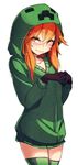  at2. black_gloves blush creeper cupa_(at2.) gloves green_legwear highres hood hooded_jacket jacket looking_at_viewer minecraft orange_eyes orange_hair personification simple_background smile solo thighhighs white_background 