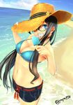  absurdres alternate_costume beach belt bikini black_hair blue_bikini blue_eyes blue_shorts breasts cleavage collarbone day food glasses grin hair_between_eyes hat highres kantai_collection large_breasts long_hair looking_at_viewer nanao_(aoyamahikari) navel ocean one_eye_covered ooyodo_(kantai_collection) outdoors popsicle shorts smile solo straw_hat sun_hat swimsuit teeth twitter_username water 