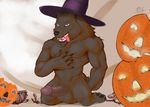  ale anthro balls barefoot canine erection food front_view fruit halloween holidays humanoid_penis looking_at_viewer mammal mostly_nude muscular open_mouth pawpads penis pinup pose pumpkin seyrmo sharp_teeth signature solo teeth tongue tongue_out vein veiny_penis were werewolf wizard_hard 