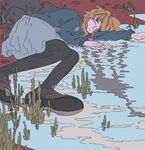  blonde_hair blue_eyes closed_mouth expressionless flat_color foreshortening grass hood hoodie lake limited_palette lying muted_color pantyhose partially_submerged perspective red_soil reflection riverbank rock shoes sketch skirt smr03 solo urotsuki yume_2kki 
