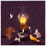  bird bunny commentary_request dove fire fox lynx_(animal) no_humans oil_lamp original oversized_object s_(pixiv1228080) star 
