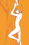  antenna_hair arms_up ass black_eyes blush closed_mouth expressionless flat_chest from_side highres leg_up looking_to_the_side no_socks nude object_hug orange_(color) orange_background orange_hair original plant sandals shokubai_phantom_girl short_hair shoulder_blades simple_background solo standing standing_on_one_leg tree 