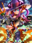  alternate_costume blue_eyes elizabeth_bathory_(fate) elizabeth_bathory_(fate)_(all) elizabeth_bathory_(halloween)_(fate) fang fate/extra fate/extra_ccc fate/grand_order fate_(series) hair_ribbon halloween halloween_costume hat highres long_hair looking_at_viewer pink_hair pointy_ears ribbon smile solo suishougensou weapon witch_hat 