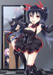  :d :o armor armored_boots armored_dress arms_up bare_shoulders black_dress black_hair boots breasts checkered checkered_floor cleavage commentary_request covering_mouth d-pad d-pad_hair_ornament dress elbow_gloves fingerless_gloves four_goddesses_online:_cyber_dimension_neptune frilled_dress frills garter_straps gloves hair_ornament hair_ribbon highres long_hair medium_breasts mirror multiple_girls neptune_(choujigen_game_neptune) neptune_(series) noire open_mouth peeping purple_eyes purple_hair red_eyes red_ribbon reflection ribbon shikapiro short_hair siblings sisters sleeveless smile sparkle thighhighs twintails uni_(choujigen_game_neptune) upper_teeth 