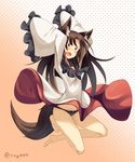  absurdres animal_ears aranagi_(arng_4401) barefoot black_panties blush breasts brooch brown_hair dress fang groin highres imaizumi_kagerou jewelry jumping long_hair long_sleeves open_mouth panties red_eyes solo tail touhou underwear wolf_ears wolf_tail 
