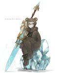  animal_costume bangs bear_costume blunt_bangs brown-framed_eyewear copyright_name crystal double_bun fantasy_earth_zero full_body fur_collar glasses gu_(goodnight) huge_weapon simple_background sitting smile solo sword weapon white_background 