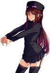  ander_(at2.) at2. black_legwear brown_hair cracking_knuckles enderman garter_straps hat highres jacket long_hair looking_at_viewer minecraft personification pleated_skirt purple_eyes simple_background skirt smile solo stretch thighhighs white_background zettai_ryouiki 