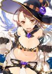  bangs bare_shoulders beatrix_(granblue_fantasy) belt black_gloves breasts brown_eyes brown_hair cleavage cowboy_shot feathered_wings gloves granblue_fantasy halloween hat hat_ornament ikeya_(ikeya314) large_breasts long_hair looking_at_viewer navel open_mouth simple_background solo standing white_background white_wings wings witch_hat 