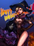  alternate_costume arm_around_shoulder armor black_hair black_hat blonde_hair blue_background blue_eyes breastplate closed_mouth english grey_skin halloween happy_halloween hat looking_at_viewer looking_back mercy_(overwatch) multiple_girls no_pupils overwatch pauldrons pharah_(overwatch) possessed_pharah power_armor simple_background standing teddy_picker witch_hat witch_mercy 