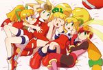  ^_^ android blonde_hair blue_eyes boots closed_eyes dress flat_chest gloves green_eyes hair_ribbon helmet highres kataiwa_yuri knee_boots leotard long_hair multiple_girls non-web_source official_art open_mouth pantyhose pink_leotard ponytail red_shorts red_skirt resized ribbon rockman rockman_(classic) rockman_dash rockman_exe rockman_rockman roll roll_caskett roll_exe shorts skirt smile upscaled 