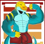  2016 5_fingers abs anthro balls biceps big_balls big_biceps big_bulge big_muscles blue_scales border boxer-briefs boxers_(clothing) bulge claws clothed clothing collared_lizard colored digital_drawing_(artwork) digital_media_(artwork) flaccid flexing front_view green_eyes grin hom.nom.nom humanoid_hands lizard looking_at_viewer male manly monroe_(monroethelizard) muscular muscular_male navel obliques orange_background pecs penis pinup portrait pose quads red_background red_clothing reptile scales scalie signature simple_background smile solo standing three-quarter_portrait topless underwear white_background yellow_scales 