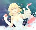  bad_id bad_pixiv_id blonde_hair blue_eyes breasts cleavage dress flower heterochromia highres holding holding_flower medium_breasts petals renown_(zhan_jian_shao_nyu) rose short_hair smile solo ululan wedding_dress yellow_eyes zhan_jian_shao_nyu 