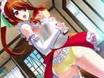  1girl ashtray ass berochu! breasts butt_crack dutch_angle elbow_gloves floating_hair from_behind game_cg happy highres holding indoors large_breasts legs long_hair looking_back maid maid_headdress misono_chiharu nakano_sora open_mouth orange_hair panties ponytail purple_eyes sideboob smile solo standing thighs underwear yellow_panties 