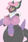 anthro big_breasts bow breasts clothing female gradient_background lingerie looking_at_viewer nintendo noivern pcred566 pink_background pok&eacute;mon simple_background smile solo standing video_games wide_hips 