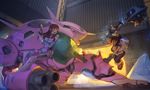  against_mecha battle bodysuit breasts brown_hair cleavage clothes_around_waist d.va_(overwatch) duel glasses gun handgun ice ice_gun leaning_on_object mecha medium_breasts mei_(overwatch) meka_(overwatch) multiple_girls open_mouth overwatch pilot_suit rotix weapon 