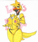  animatronic anthro beak chica_(five_nights_at_freddys) chica_(fnaf) clothed clothing female five_nights_at_freddy&#039;s flashing looking_at_viewer machine merffle open_mouth pussy robot smile solo standing traditional_media_(artwork) video_games 