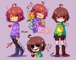  2others ahoge androgynous anger_vein ankle_boots bandaid bandaid_on_face black_blood blood blood_on_face bloody_clothes bloody_knife bloody_tears blush_stickers boots broken_heart brown_hair chara_(undertale) closed_eyes dripping english evil_smile flower flowey_(undertale) frisk_(undertale) gameplay_mechanics heart heart_necklace kneehighs knife leggings messy_hair multiple_others open_mouth red_eyes sandragh shaded_face shorts smile spoilers stick striped striped_sweater sweater thorns twitter_username undertale watermark web_address 