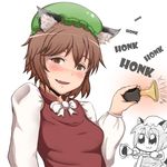  absurdres animal_ears bkub_(style) brown_eyes brown_hair cat_ears chen commentary dual_persona highres honk_honk horn_(instrument) jay87k meme multiple_girls touhou 