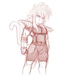  2016 armor clothed clothing dragon_ball female food humanoid imoya looking_at_viewer monkey_tail monochrome muscular plagueofgripes red_and_white saiyan simple_background sketch smile solo white_background 