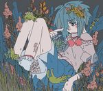  bloomers blue_eyes blue_hair blush cirno frilled_legwear frilled_sleeves frills frog frozen frozen_frog ice limited_palette muted_color pom_pom_(clothes) puffy_sleeves shirt shoes sitting sketch skirt smr03 solo touhou underwear white_legwear 