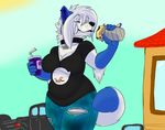  anthro beverage canine clothed clothing female food mammal merffle outside smile solo standing thick_thighs 