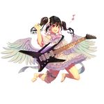  :d angel_wings ankle_lace-up artist_name bangs barefoot black_hair bow bowtie center_frills cross-laced_footwear eighth_note electric_guitar feathered_wings flower flying frilled_shirt_collar frills full_body guitar hair_between_eyes hair_flower hair_ornament hair_ribbon holding holding_instrument instrument looking_at_viewer love_live! love_live!_school_idol_project music musical_note navel open_mouth pink_bow pink_neckwear playing_instrument plectrum red_eyes ribbon saylor scrunchie shoulder_cutout simple_background skirt smile solo striped striped_bow striped_neckwear thigh_strap twintails v-shaped_eyebrows white_background wings x_hair_ornament yazawa_nico 