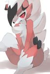  blush embarrassed feral looking_away lycanroc midnight_lycanroc nintendo pok&eacute;mon simple_background solo video_games white_background ぬこちー 