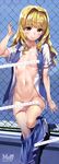 2017 absurdres areolae artist_name blonde_hair blush breasts calendar_(medium) censored chain-link_fence character_name collarbone copyright_name cross_channel dress_shirt fence groin hair_intakes highres loafers long_hair matsuryuu may navel no_bra open_clothes open_shirt open_vest panties panty_pull scan school_uniform shirt shoes skirt skirt_pull small_breasts smile socks solo underwear vest white_legwear yamanobe_miki 