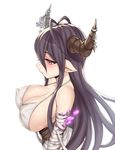  bad_id bad_pixiv_id bandaged_arm bandages bangs black_hair blush breasts cleavage covered_nipples danua draph eyelashes from_side granblue_fantasy horn_ornament horns lang_(chikage36) large_breasts long_hair pointy_ears profile red_eyes sideboob simple_background solo upper_body white_background 