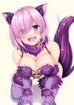  all_fours alternate_costume animal_ears bare_shoulders beeyan blush breasts cleavage dangerous_beast elbow_gloves fang fate/grand_order fate_(series) fur_trim gloves hair_over_one_eye halloween halloween_costume highres large_breasts looking_at_viewer mash_kyrielight o-ring o-ring_top open_mouth pink_hair purple_eyes purple_gloves purple_legwear short_hair simple_background smile solo tail thighhighs white_background wolf_ears wolf_tail 