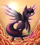  2016 cutie_mark day detailed_background duskie-06 equine eyelashes feathers female feral flying friendship_is_magic fur hair hooves horn mammal mechanical_wings my_little_pony nude outside purple_eyes purple_fur purple_hair smile solo sun twilight_sparkle_(mlp) winged_unicorn wings 