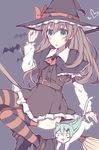  alternate_costume animalization aqua_eyes aqua_hair ascot bad_anatomy belt bow brown_hair cat costume dress hair_ornament hairclip halloween heart kantai_collection kumano_(kantai_collection) kvlen long_hair open_mouth smile striped striped_legwear suzuya_(kantai_collection) thighhighs triangle_mouth witch 