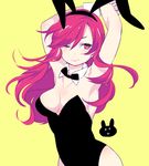  87banana animal_ears armpits arms_up black_bow black_hairband black_leotard blush bow breasts bunny_ears bunnysuit erza_scarlet fairy_tail fake_animal_ears hairband leotard long_hair looking_at_viewer medium_breasts one_eye_closed red_hair smile solo strapless strapless_leotard wrist_cuffs yellow_background 