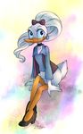 2013 abstract_background beak blue_eyes clothed clothing daisy_duck disney ear_piercing female footwear hair high_heels katiramoon long_hair looking_at_viewer piercing shirt shoes sitting smile solo vest white_hair white_skin yellow_skin 