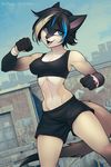  5_fingers anthro armpits black_hair blue_eyes breasts cat detailed_background eyelashes feline female fur hair iskra mammal midriff navel open_mouth smile solo teeth tongue white_fur wide_hips 