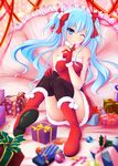  absurdres bell bell_collar belt black_legwear blue_eyes blue_hair boots box christmas collar collarbone dress finger_to_mouth gift gift_box gloves hair_ribbon hand_on_own_knee hatsune_miku highres index_finger_raised kuro_neko_(yxmikan) long_hair looking_at_viewer merry_christmas no_panties one_eye_closed red_dress red_footwear red_gloves red_ribbon ribbon santa_boots santa_costume santa_gloves sitting solo strapless strapless_dress thighhighs twintails vocaloid 