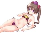  bikini breasts brown_eyes brown_hair cellphone commentary_request hat himekaidou_hatate long_hair nibi phone pointy_ears side-tie_bikini small_breasts solo swimsuit tawawa_challenge tokin_hat touhou twintails 