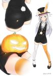  1girl 2016 ama_mitsuki animal_ears arms_behind_back ass black_shoes blue_eyes blush bunny_ears bunny_tail dated fake_animal_ears full_body hair_between_eyes halloween hard_translated hat hat_ribbon jack-o&#039;-lantern jewelry kantai_collection long_hair lying mismatched_legwear multiple_views necklace on_stomach open_mouth orange_legwear orange_panties panties pantyshot pantyshot_(lying) puffy_short_sleeves puffy_sleeves pumpkin ribbon shoes short_sleeves shorts signature silver_hair simple_background solo standing tail thighhighs top_hat translated u-511_(kantai_collection) underwear watch white_background white_legwear 