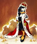  2016 anthro avian beak bird black_hair blue_eyes breasts cape cleavage clothed clothing coin crown dress duck female footwear hair high_heels jewelry katiramoon long_hair magica_de_spell makeup money necklace sack shoes solo standing want white_skin yellow_skin 