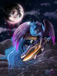  2016 blue_eyes blue_feathers blue_fur blue_hair cutie_mark detailed_background duskie-06 equine feathered_wings feathers female feral flying friendship_is_magic fur hair hooves horn mammal melee_weapon my_little_pony night outside princess_luna_(mlp) sky star starry_sky sword weapon winged_unicorn wings 