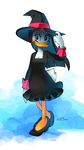  2013 anthro avian beak bird black_hair blue_eyes breasts cleavage clothed clothing dress duck female footwear hair hat high_heels katiramoon long_hair looking_at_viewer magica_de_spell makeup shoes simple_background solo standing white_background white_skin yellow_skin 